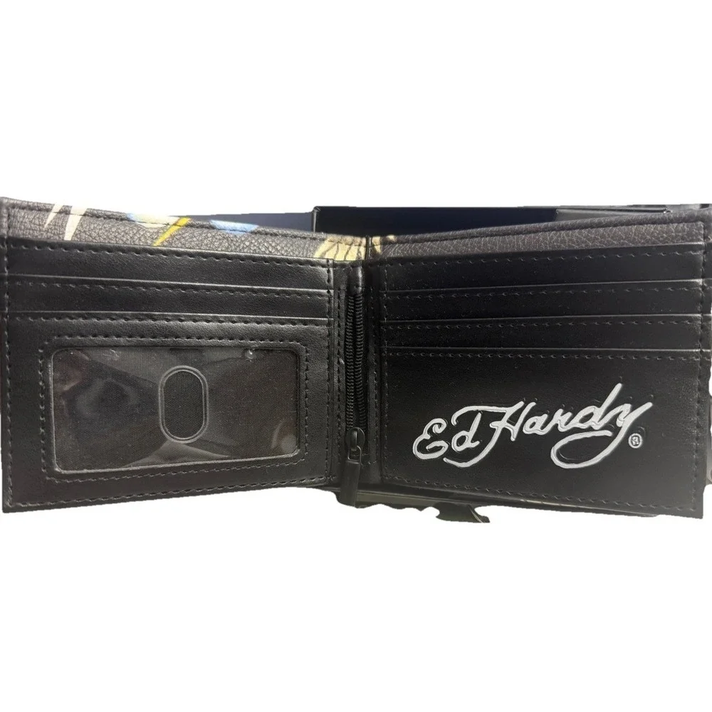 Ed Hardy Men's Black Wallet Bi-fold With Valet Tray PU Leather Eagle Tattoo New